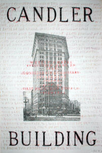 Con/Text: Candler Building, wax oil rubbing on paper with silkscreen print, 48″ x 33″